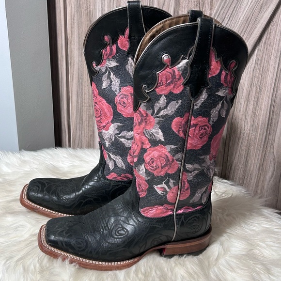 Ariat Black and Pink Floral Cowboy Boots 7.5R - Picture 1 of 6